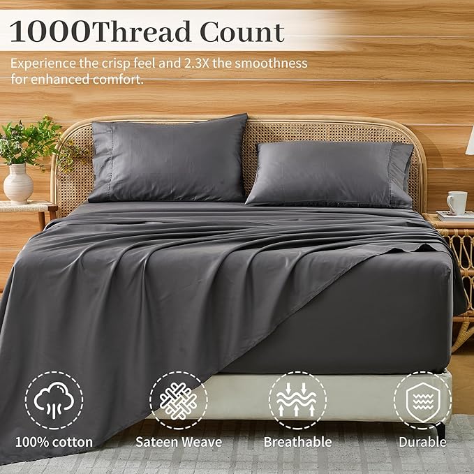 Bedlifes Deep Pocket Sheets 18-24 Inch, Queen Size Egyptian Cotton 1000 Thread Count, 4-Piece - Fits Extra Thick Mattresses, Cooling & Breathable (Dark Gray)