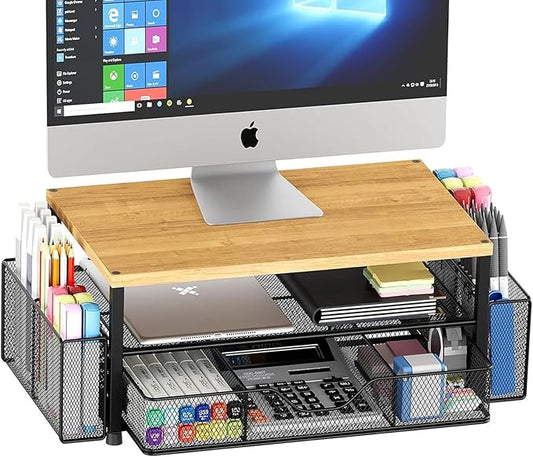 Desk Organizers and Accessories, 2-Tier Computer Monitor Stand with Drawer and 2 Pen Holders, Laptop Stand, Office Desk Accessories for Office Supplies, Oak