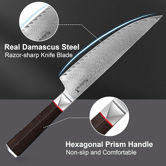 Kuisine Kitchen Knife Set,Damascus Steel Ultra Sharp, Ergonomic Non-slip Wood Handle, Chef Knife Block Set with Built-in Sharpener,Luxury Gift for Holiday(Silver, 12PCS)