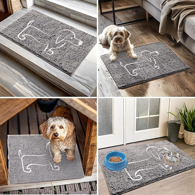 Muddy Mat® Hot Dog Door Embroidery Mat Super Absorbent Microfiber Indoor Outdoor mat for Muddy Paws, Non-Slip Washable Pet Rug, Quick Dry Chenille Entryway Carpet, Machine Washable – Grey 19”x30”