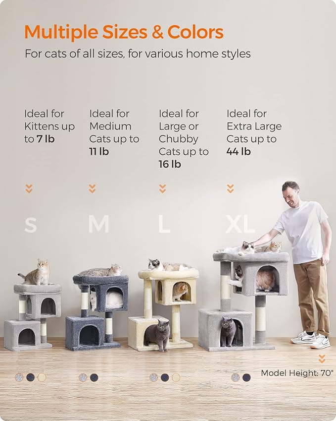 Feandrea Cat Tree, 33.1-Inch Cat Tower, L, Cat Condo for Large Cats up to 16 lb, Large Cat Perch, 2 Cat Caves, Scratching Post, Beige UPCT61M
