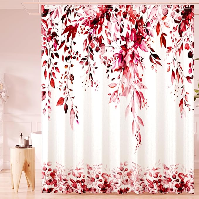 Red Eucalyptus Leaves Shower Curtain for Bathroom:Aesthetic Art Watercolor Plant Shower Curtains Sets with Hooks,Waterproof Fabric Decor 36x72 inches.