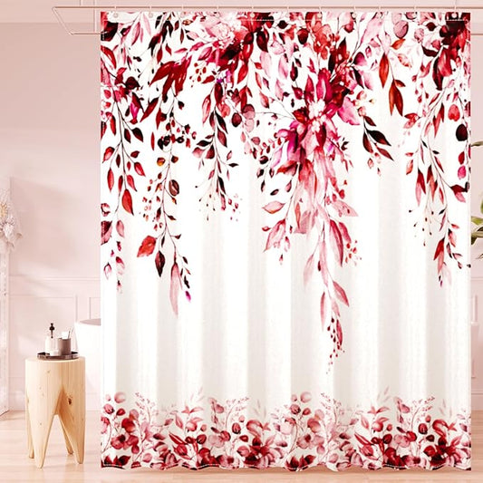 Red Eucalyptus Leaves Shower Curtain for Bathroom:Aesthetic Art Watercolor Plant Shower Curtains Sets with Hooks,Waterproof Fabric Decor 36x72 inches.