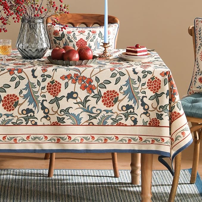 patdrea Designer Vintage Linen Tablecloth for Rectangle Table,French Soft Durable Floral Tablecloths,Colorful Table Cover for Kitchen Dining,Parties,Christmas,Thanksgiving,Party,63"x87"-Puno
