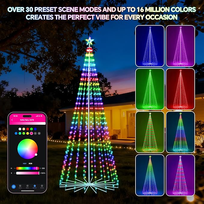 10 FT Outdoor Christmas Tree,Smart APP Remote Control RGB Color Changing DIY Timer 514 LED Christmas Tree for Indoor Outdoor Decorations
