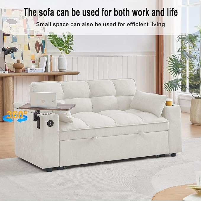 65'' Convertible Sleeper Sofa Bed with Adjustable Backrest, Chaise Lounge, Side Table & USB/Type-C Ports – Stylish & Functional Addition to Any Living Room (White)