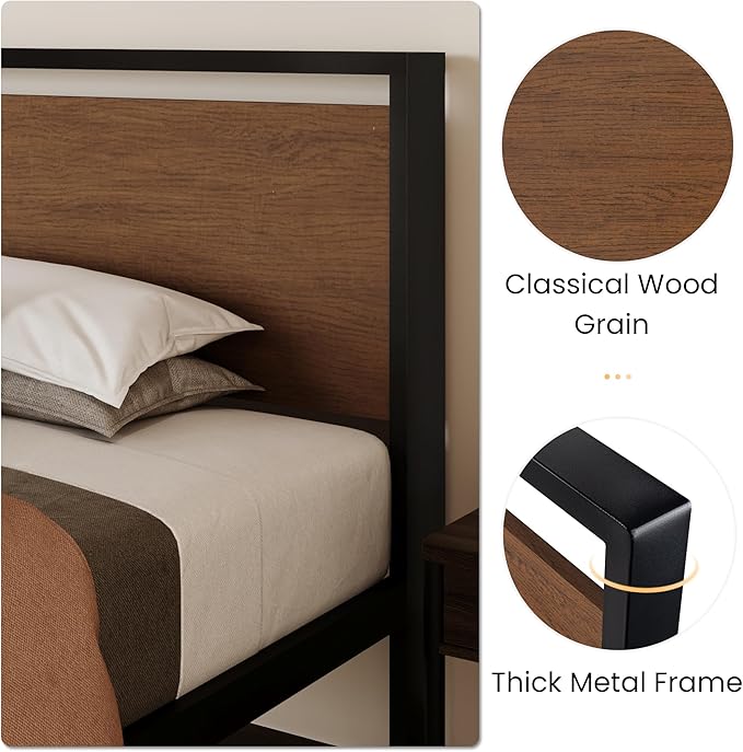 SHA CERLIN 14 Inch Twin Size Metal Platform Bed Frame with Wooden Headboard and Footboard, Mattress Foundation, No Box Spring Needed, Large Under Bed Storage, Heavy Duty Slats Support, Walnut