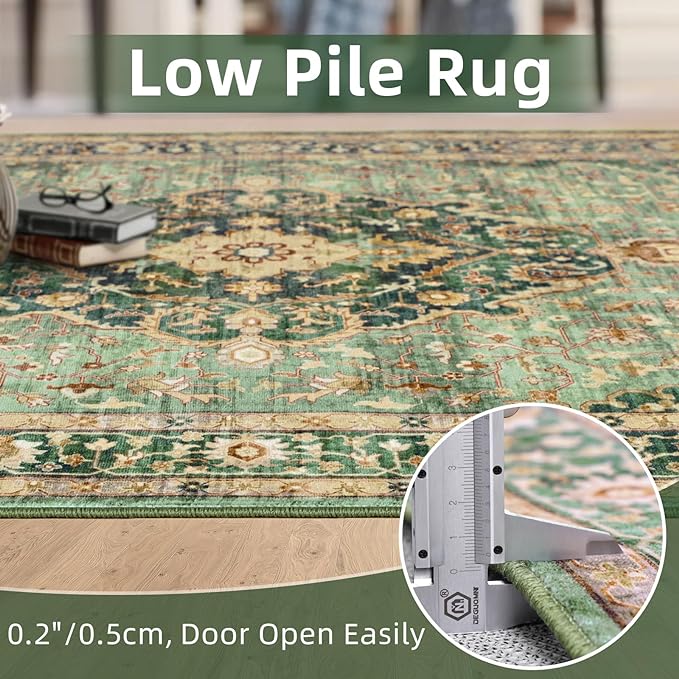 10x14 Rugs for Living Room Bedroom, Washable Green Area Rugs Non Slip Large Rug for Dining Room Office, Floor Decoration Vintage Boho Big Rug Carpet Low-Pile Kid & Pet Friendly