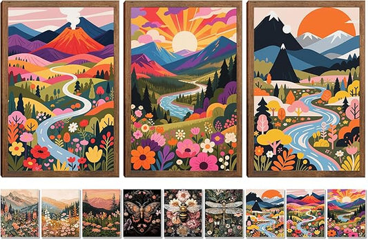 Nature Landscape Boho Wall Art Set of 3 24x16In Wood Framed,with 9 Bonus 8x10 Posters Prints, Abstract Ridge River Sunset Floral Canvas Paintings for Living Room Bedroom Office