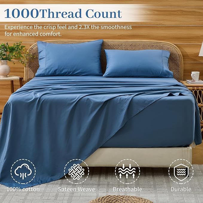 Bedlifes Deep Pocket Sheets 18-24 Inch, King Size Egyptian Cotton 1000 Thread Count, 4-Piece - Fits Extra Thick Mattresses, Cooling & Breathable (Dusty Blue)