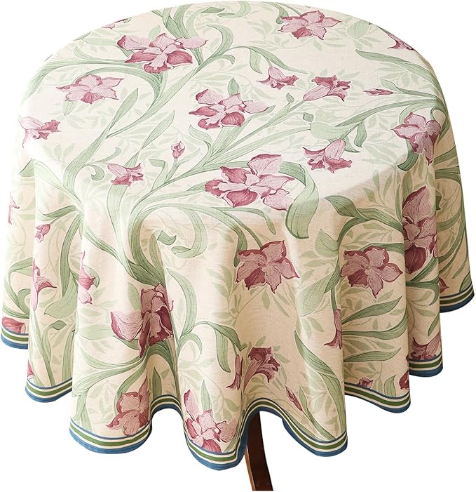 patdrea Designer Linen Small Green Roun Tablecloth,Violets Pattern Vintage French Tablecloths,Floral Decor Table Cover for Kitchen Dining Christmas,Thanksgiving,Tea Party,Diameter 55"-Tara a