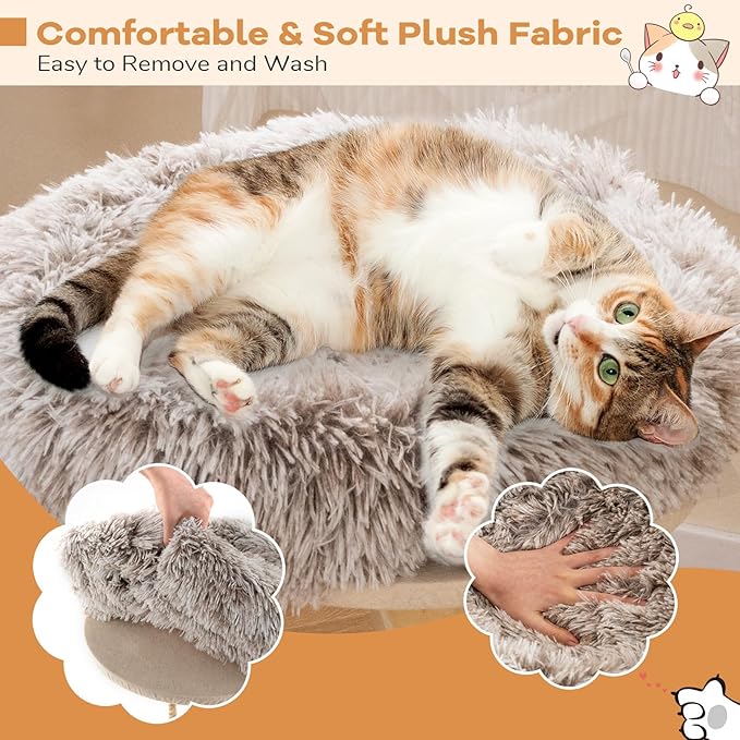 Tangkula Solid Wood Cat Tree, Modern Cat Tower with Scratching Post, Luxurious Perch & Platform, Teasing Rope, Natural Pear Wood, Soft Long Plush, Cute Cat Tree for Indoor Kittens