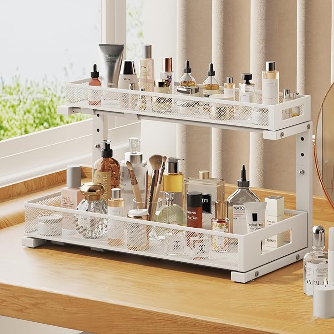 2 Pack 19IN Depth Under Sink Storage Organizer, Large 2-Tier Elegant Mesh Pull Out Shelf for Kitchen and Bathroom Cabinet Organization, L-Shaped and Adjustable Height Design-White