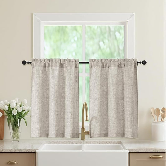 Linen Kitchen Curtains 36 Inch Length 2 Panels, Light Filtering Farmhouse Faux Linen Textured Short Curtains for Windows, Small Curtain Tier for Cafe Cabinet Bathroom RV Camper, 30Wx36L Inch