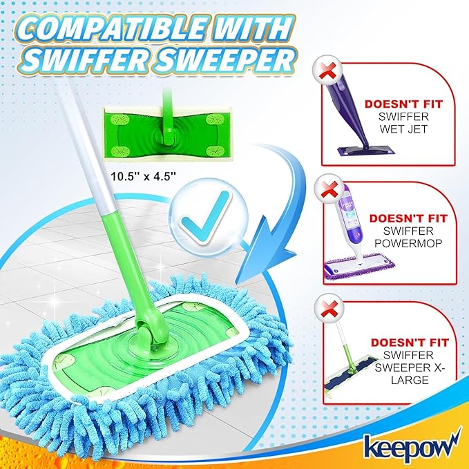 KEEPOW Reusable Microfiber Mop Pads Compatible with Swiffer Sweeper & Mop Deluxe 2-in-1, Wet & Dry Mopping Cloths for All Floors, Compatible with Swiffer Dry Sweeping Cloths for Cleaning (6 Pack)