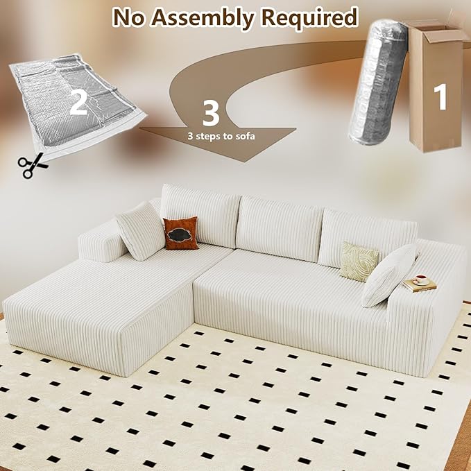 96" Modular Sectional Couch, Boneless L Shaped Cloud Sofa with Chaise Lounge, Corduroy Upholstered Couches Memory Foam Deep Seat, No Assembly Required, Ideal for Living Room(White, Left Facing)