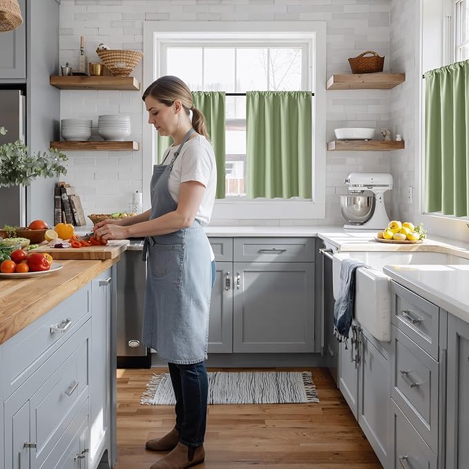 RYB HOME 100% Blackout Short Curtains for Small Window, Thermal Insulated Total Room Darkening Noise Reducing Curtains for Kitchen Bathroom Basement, 34 inches Wide by 45 inches Long, Sage Green
