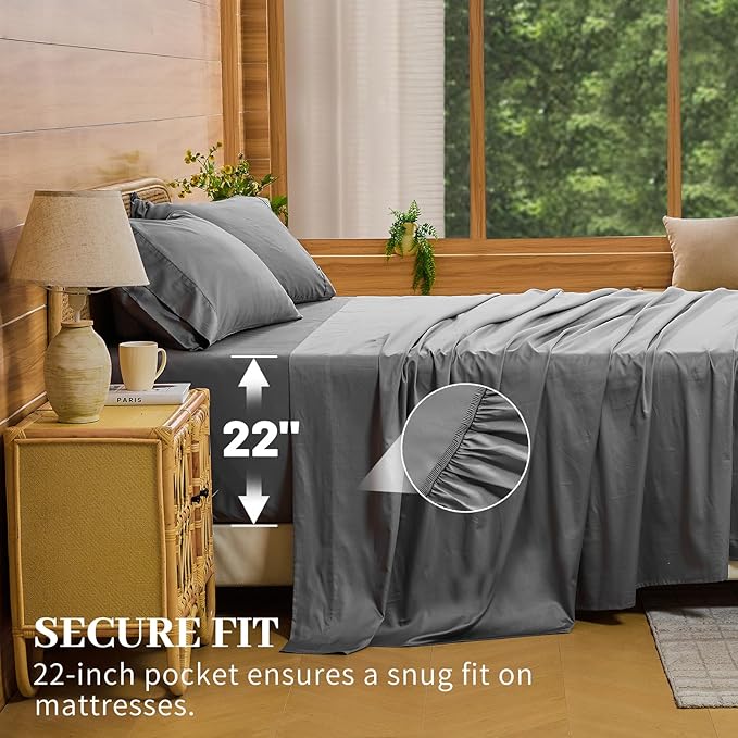 Bedlifes Deep Pocket Sheets 18-24 Inch, King Size Egyptian Cotton 1000 Thread Count, 4-Piece - Fits Extra Thick Mattresses, Cooling & Breathable (Light Gray)