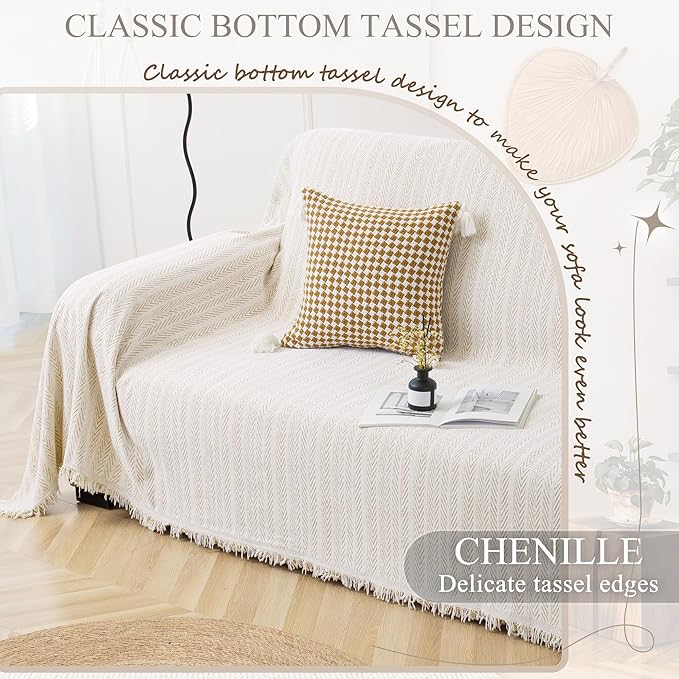 ALIECOM Boho Couch Covers for Sectional Sofa 2 Piece Thick Chenille L Shape Sectional Sofa Cover for Dogs Couch Cover Blanket Sofa Slipcovers Pet Furniture Protector Washable (X-Large, Lines Khaki)