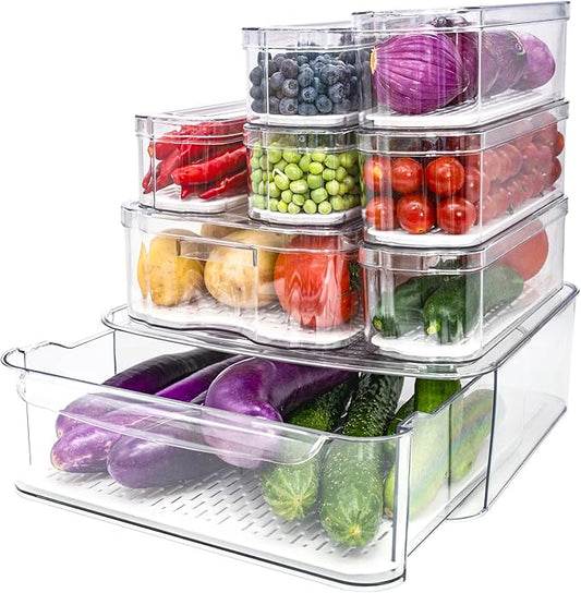Fridge Organizers and Storage, 8 Pack Clear Freezer Organizer Bins with Lids for Kitchen, Pantry, Refrigerator, Food, Fruit, Vegetable Storage (8 Bins Include A Pull-out Drawer)
