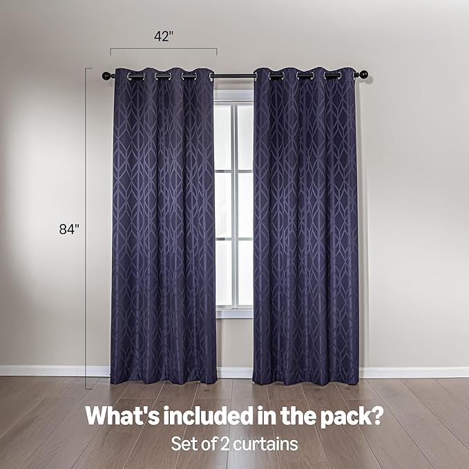 Amazon Basics Jacquard 2-Piece 100% Blackout Curtains, Living Room and Bedroom Drapes, Thermal Insulated Window Treatment, 42"x84", Dark Blue