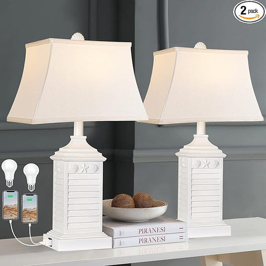 Hamucd Table Lamps for Living Room Set of 2, Coastal White Bedside Lamps for Bedroom with USB A+C Outlet Modern Resin 3-Color Temperature Nightstand Lamp for End Table (Bulbs Included)