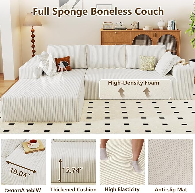 96" Modular Sectional Couch, Boneless L Shaped Cloud Sofa with Chaise Lounge, Corduroy Upholstered Couches Memory Foam Deep Seat, No Assembly Required, Ideal for Living Room(White, Left Facing)