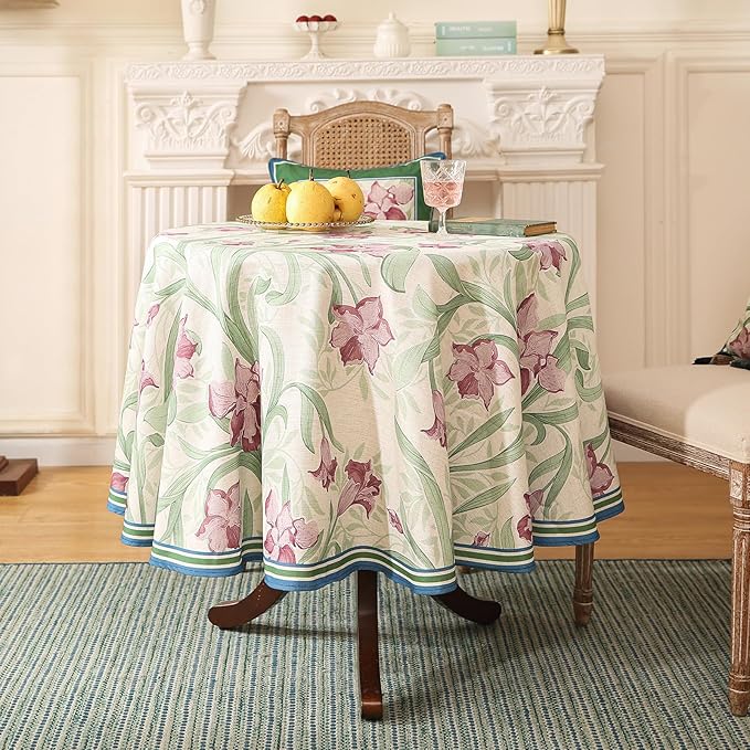 patdrea Designer Vintage Green Tablecloth for Round Table,Framhouse Linen Violets Pattern Tablecloths,Floral Table Cover Decor for Kitchen Dining Christmas,Thanksgiving,Diameter 67"-Tara a