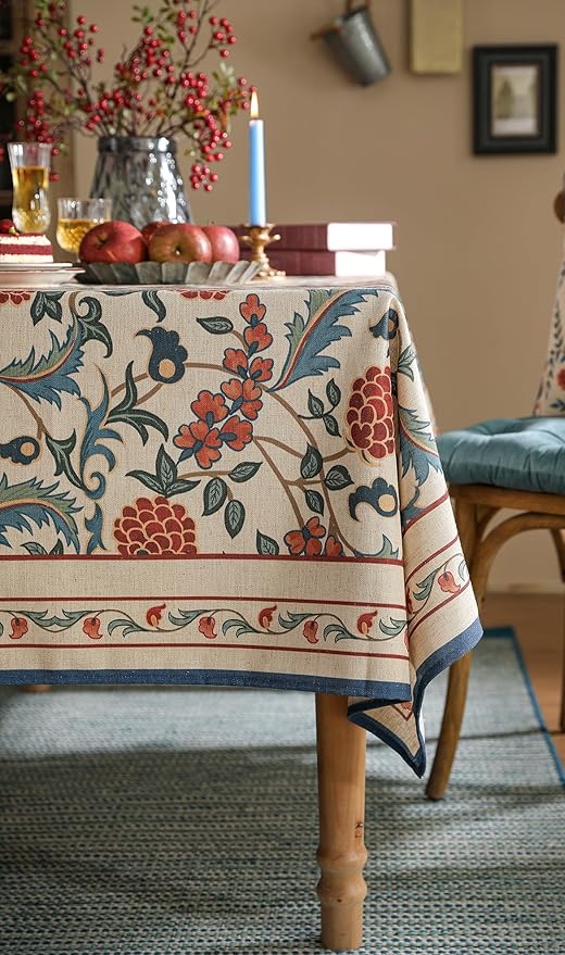 patdrea Designer Vintage Linen Extra Long Tablecloth for Rectangle Table,French Soft Floral Tablecloths,Colorful Table Cover for Kitchen Dining,Parties,Christmas,Thanksgiving,Party,67"x118"-Puno