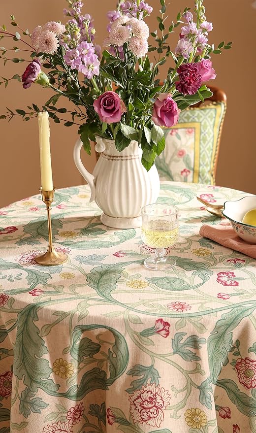 patdrea Designer Vintage Green Round Tablecloth,Linen Leaves Floral Pattern Table Cloth,Decor Table Cover for Kitchen Dining Christmas,Tea Party,Thanksgiving,Tea Party,Diameter 67"-Cecilia a