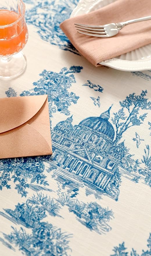 patdrea Designer Vintage Cyan Extra Long Tablecloth for Rectangle Table,Linen Ancient Castle and Manor Pattern Tablecloths,Decor for Kitchen Dining Christmas,Thanksgiving,63"x110"-Lucerne a