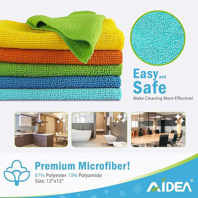 AIDEA Microfiber Cleaning Cloth, 10PK, Soft Absorbent Rags, Microfiber Towels for Cars, Kitchen Towels, Dusting Cloth for Home, Window, Cleaning Supplies, 12"×12"