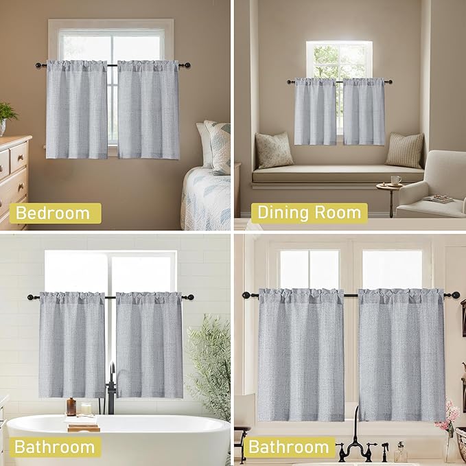 Grey Kitchen Curtains 36 Inch Length 2 Panels, Light Filtering Farmhouse Faux Linen Textured Short Curtains for Windows, Small Curtain Tier for Cafe Cabinet Bathroom RV Camper, 30Wx36L Inch
