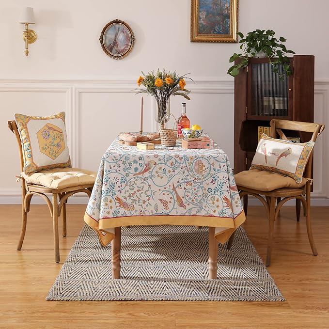 patdrea Designer Vintage French Tablecloth for Rectangle Table,Floral Birds Pattern Linen Table Cloth,Yellow Decor Cover for Kitchen Dining Banquet,Christmas,Thanksgiving,63"x110"-Magnolia