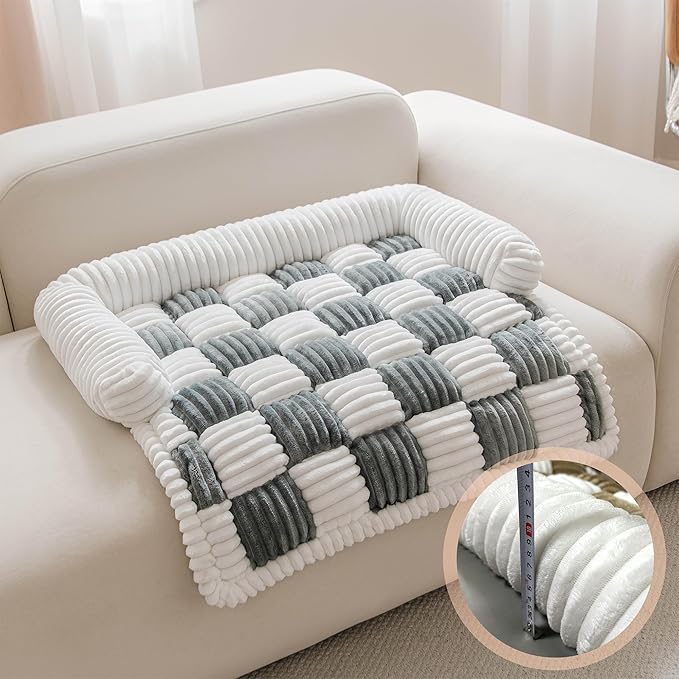 Couch Covers for Dogs and Cats, Fuzzy Dog Sofa bed with Cream Square Plaid, Plush Pet Couch Cover Bed, Thickened Quilted Furniture Protector Mat for Large Medium Pets (Dark Grey 27.56"*27.56")