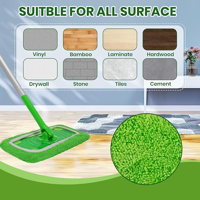 6 Pack Reusable Microfiber Mop Pads - Compatible with Sweeper, Reusable Mop Pads, Washable Dry Cloths & Wet Pads Refill for Hardwood Laminate Tile Floor Cleaning (Green, M)