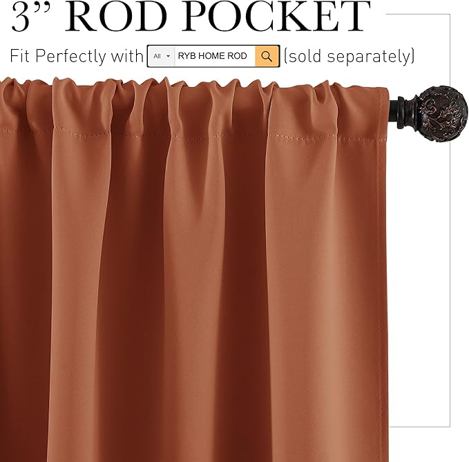 RYB HOME Small Curtains for Door Windows - Blackout Thermal Insulating Drapes for Home Theatre Bathroom Basement Cafe RV Camper Windows Blinds, Wide 34 x Long 30, Burnt Orange, 1 Pair