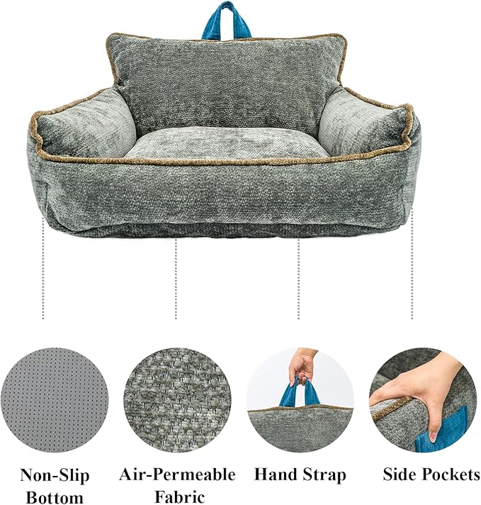 Small Dog Bed, Washable Pet Bed with Removable Cover, with Sides, Carry Handle & Side Pockets .Plush Chenille Orthopedic Pet Bed Couch for Small Breed Dogs & Cats .Calming