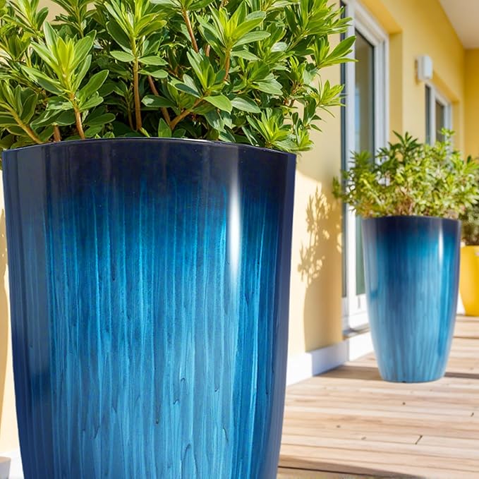 Worth Garden 23.5" Tall Plastic Planters Set of 2 with Drainage Holes, Gradient Blue Glossy Finish, Large Lightweight Round Plant Pots for Indoor Outdoor Use, Decorative Flower Pots for Front Porch