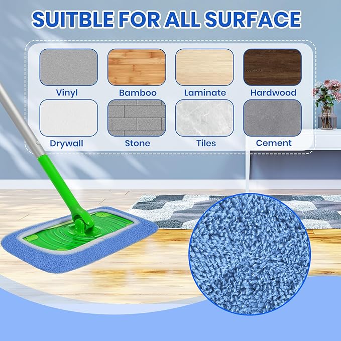 6 Pack Reusable Microfiber Mop Pads - Compatible with Sweeper, Reusable Mop Pads, Washable Dry Cloths & Wet Pads Refill for Hardwood Laminate Tile Floor Cleaning (Blue, M)