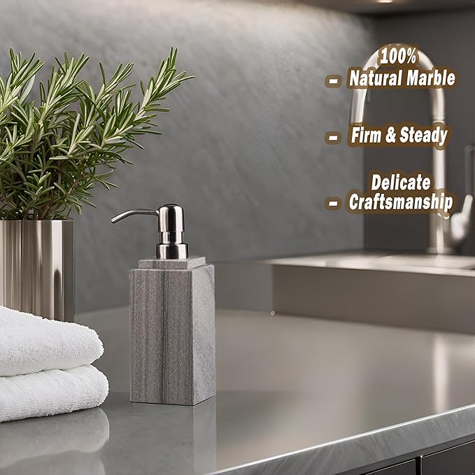 Hand Liquid&Lotion Soap Dispenser Pump Bottle Natural Marble for Kitchen Bathroom Countertop Laundry Room Holds Dish Soap Shampoo Laundry Liquid Shower Gel (Grey Sand)