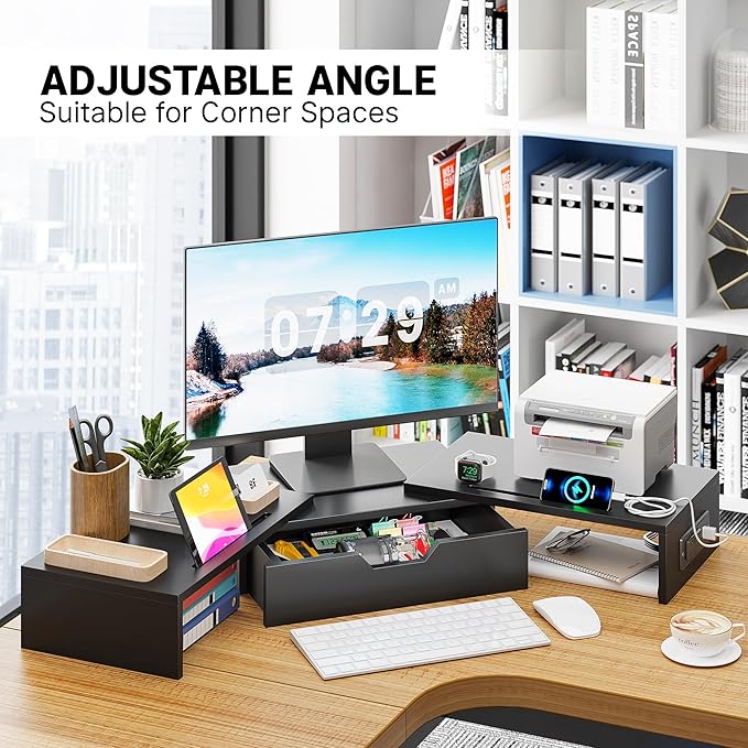 Elephance Dual Monitor Stand with USB Ports,Wood Computer Monitor Stand with Drawer,Adjustable Monitor Stand Riser,Desk Organizer for PC,Computer,Laptop,Black