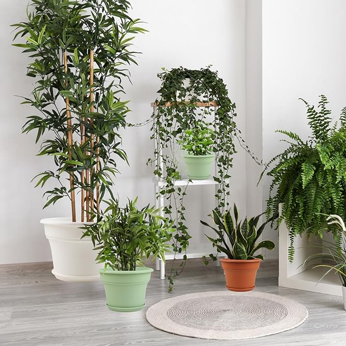 10 Inch Plastic-Flower-Pot-for-Indoor-Plants, 4 Pack Large Outdoor Planter Pot with Drainage Holes & Saucers, Resin Decorative Garden Pots Planters