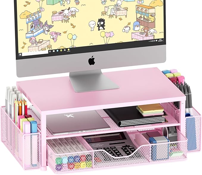 Desk Organizers and Accessories, 2-Tier Computer Monitor Stand Riser with Drawer and 2 Pen Holders, Laptop Stand, Office Desk Accessories & Office Decor for Women, Pink