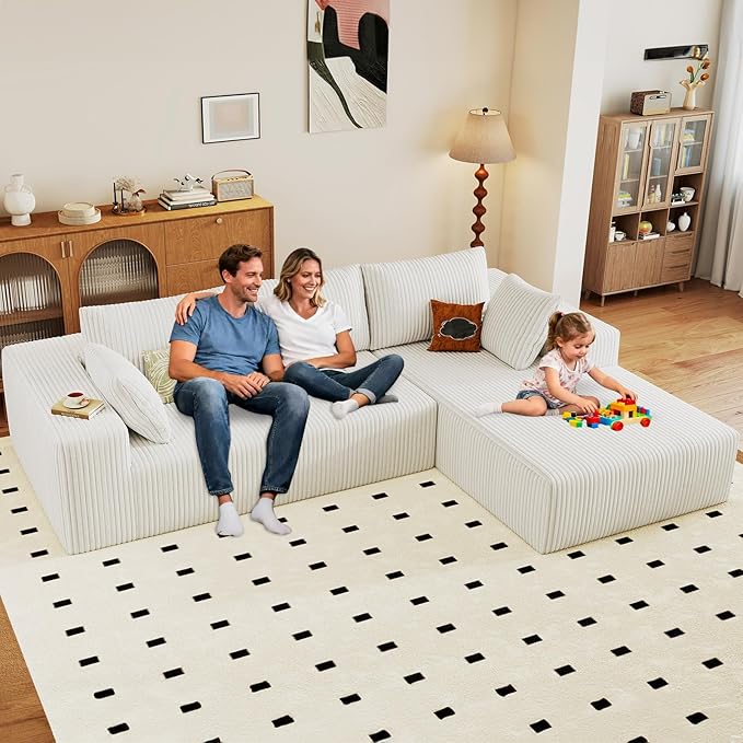 96" Modular Sectional Couch, Boneless L Shaped Cloud Sofa with Chaise Lounge, Corduroy Upholstered Couches Memory Foam Deep Seat, No Assembly Required, Ideal for Living Room(White, Right Facing)