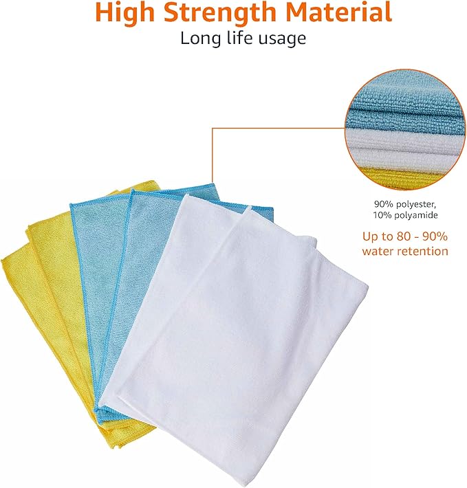 Amazon Basics Microfiber Cleaning Cloths for Cars, Non-Abrasive, Highly Absorbent, Lint and Scratch-Free, Reusable and Washable, 16" x 12", Blue/White/Yellow, 144-Pack