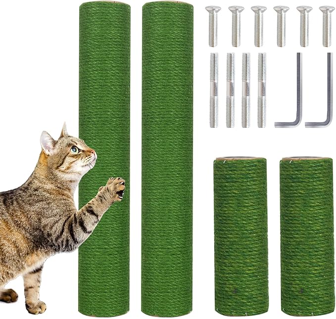 PowerKing Natural Sisal Replacement Scratching Post, 4 Pieces M8 Cat Scratch Post Refill Pole Parts for Refurbishment, White, Include Screws (Green-15.7''+15.7''+7.87''+7.87'')