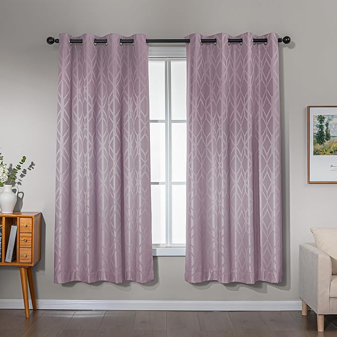 Amazon Basics Jacquard 2-Piece 100% Blackout Curtains, Living Room and Bedroom Drapes, Thermal Insulated Window Treatment, 42"x72", Pink