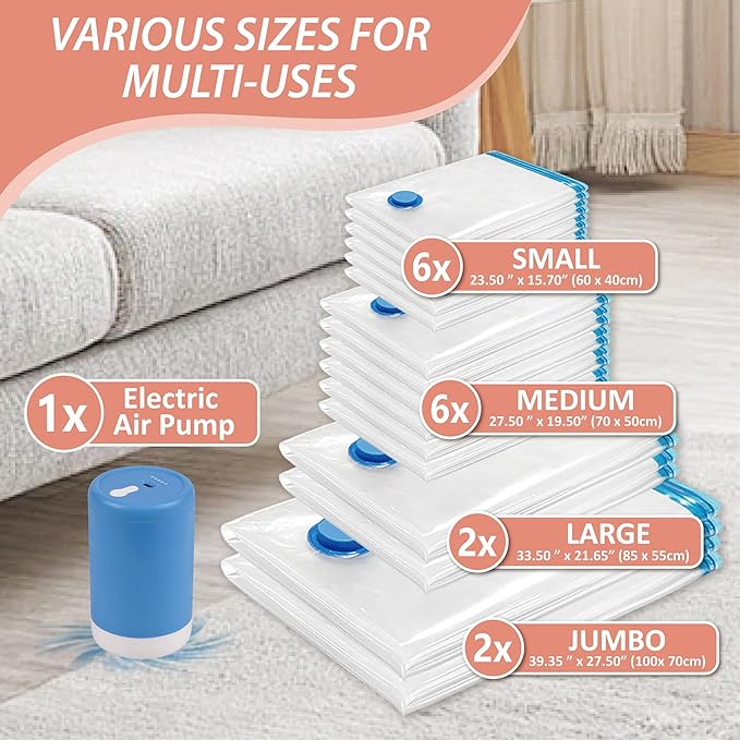 Cozy Essential 16 Pack Vacuum Storage Bags with Electric Pump, Vacuum Seal Space Saver Bags for Clothing, Pillows, Blanket, Bedding, Comforters