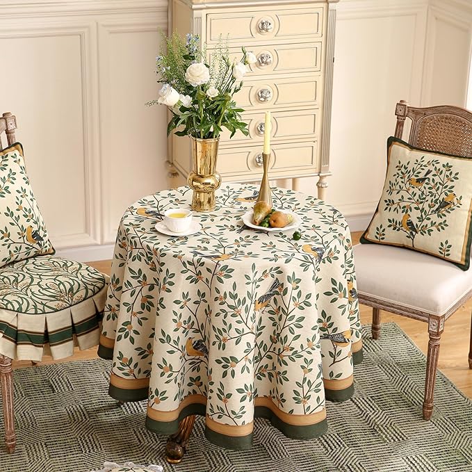 patdrea Designer Linen Vintage Small Table Cloth for Round Table,Durable Breathable Tablecloth,Cover Fall Dacorative for Kitchen Dining Parties,Holiday Christmas,Thanksgiving,Diameter 55"-Warbler